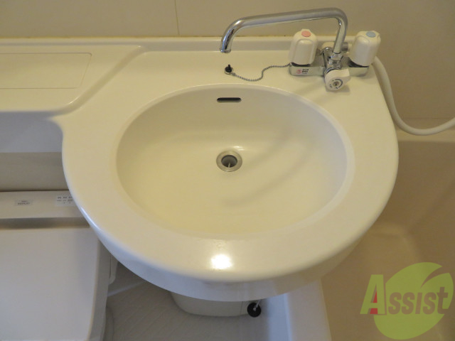 洗面設備　お風呂に入りながらここも掃除できちゃいますね。