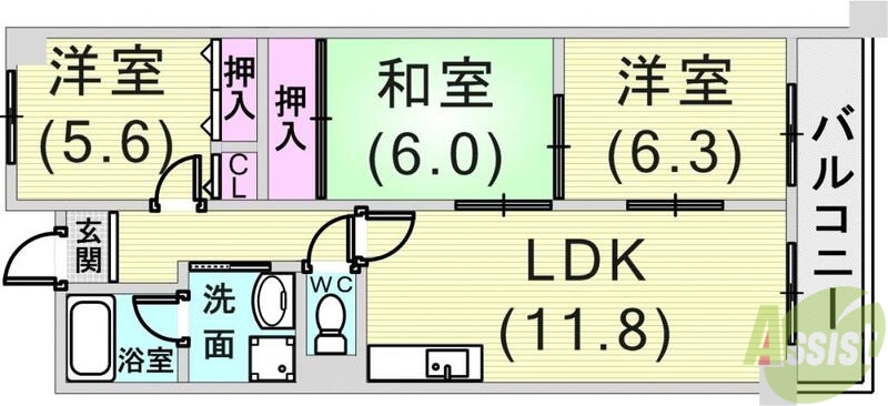 芦屋市朝日ケ丘町のマンションの間取り