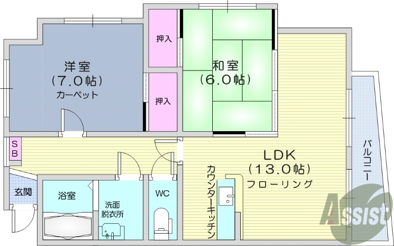 仙台市宮城野区福田町のマンションの間取り