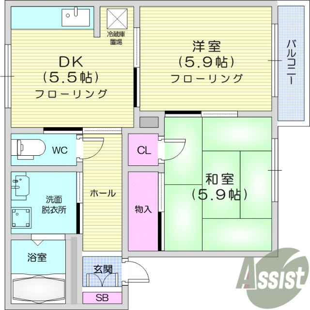 仙台市宮城野区鶴ケ谷東のアパートの間取り