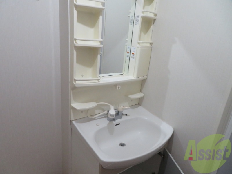 洗面設備　洗面化粧台も独立しており、洗面台の棚も利便性がありますね。