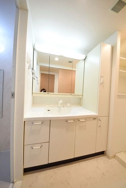 洗面設備　嬉しい広々シャワー付き洗面台