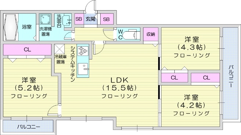 札幌市東区北四十三条東のマンションの間取り