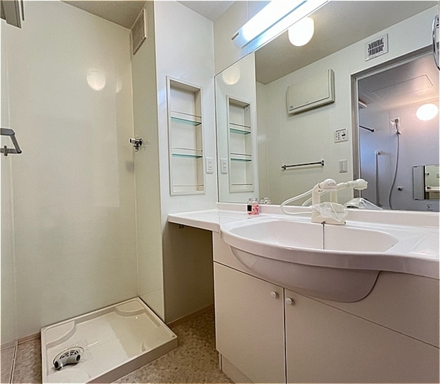 洗面設備　カウンター洗面台と洗濯機置き場