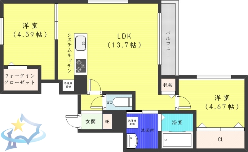 札幌市中央区南十九条西のマンションの間取り