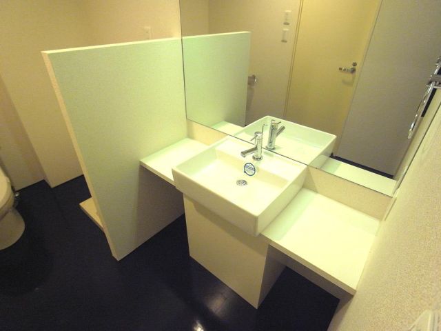 洗面設備　大きな鏡で身支度できます。空間も広く感じますよ。