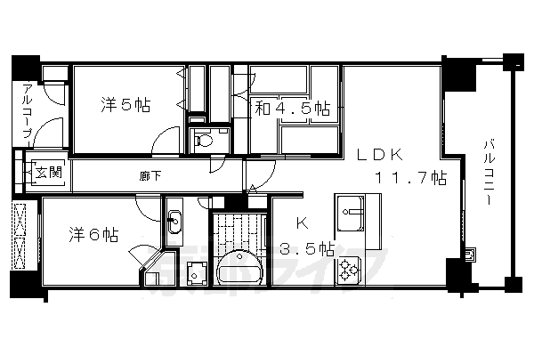 京都市左京区一乗寺大原田町のマンションの間取り