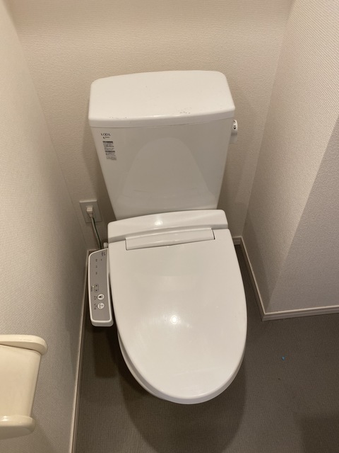 トイレ　シャワートイレ完備。収納棚あります