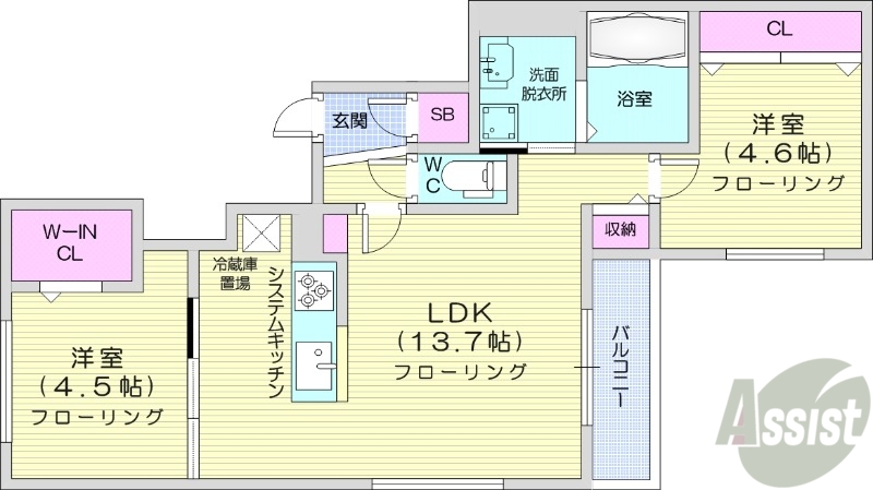 札幌市中央区南十九条西のマンションの間取り