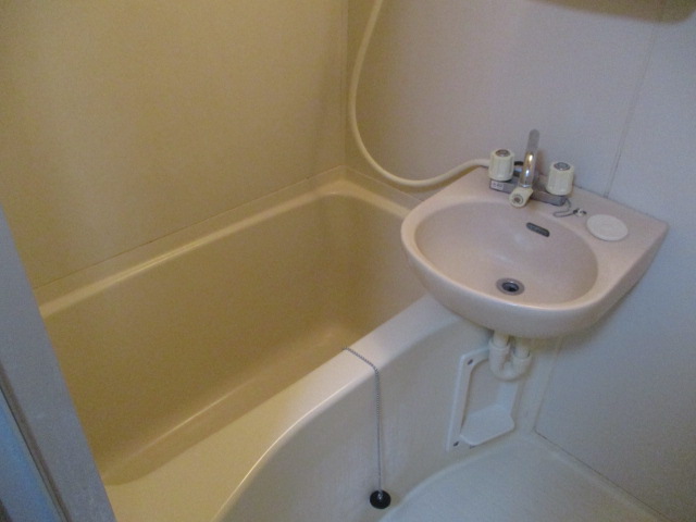 バス・シャワールーム　浴室に洗面ボウル付き。