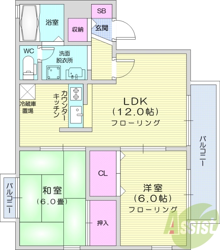 仙台市青葉区落合のアパートの間取り