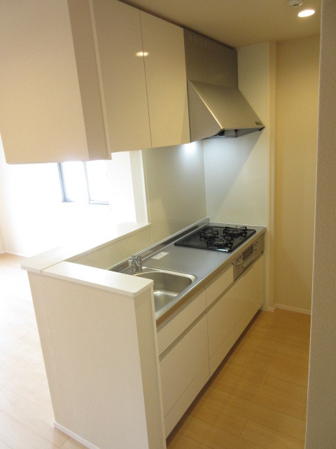 キッチン　リビングを見渡す対面式のグリル付きガス２口システムキッチン※