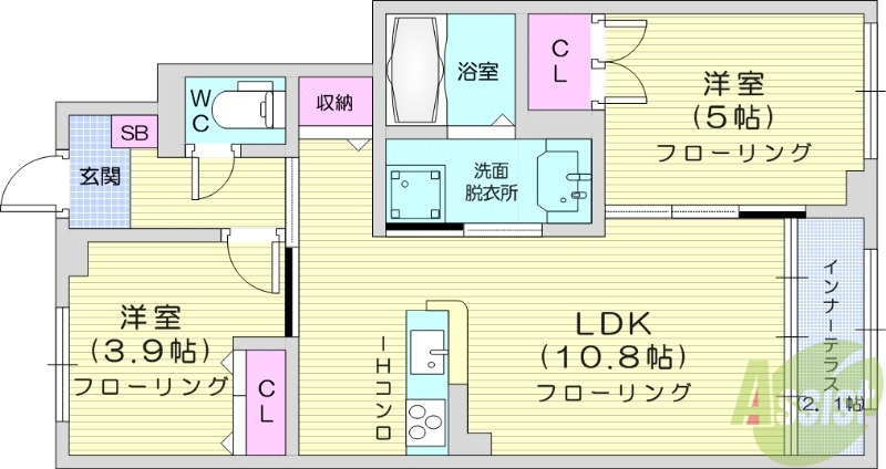 仙台市若林区沖野のアパートの間取り