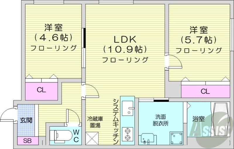 札幌市豊平区中の島一条のマンションの間取り