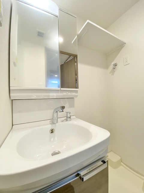 洗面設備　大きな鏡の洗面台と洗濯機置き場