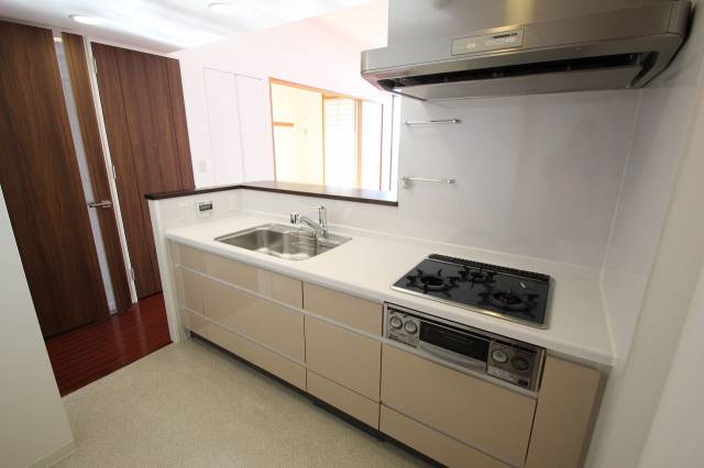 キッチン　３口ガスコンロとグリルの付いたカウンターシステムキッチン　１