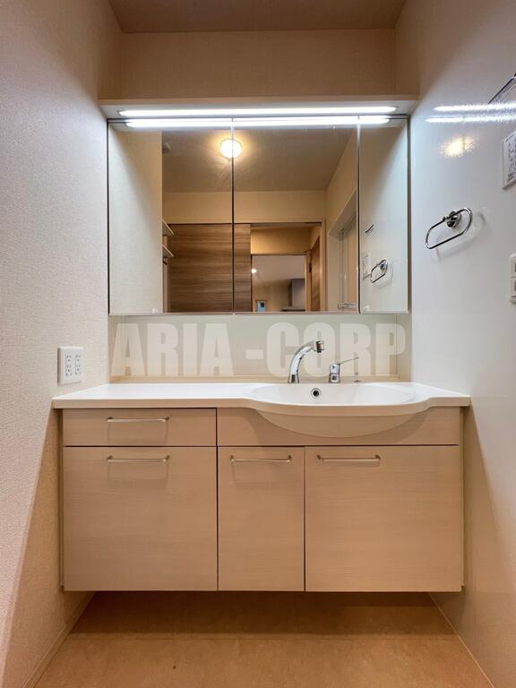 洗面設備　三面鏡採用シャワーヘッドタイプで洗髪や手入れ楽々♪