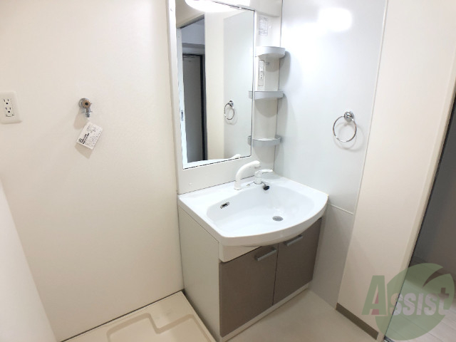 洗面設備　綺麗な洗面台はシャワーノズルも付いています。