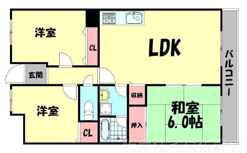 南海本線 二色浜駅 徒歩4分 7階建 築37年の間取り写真