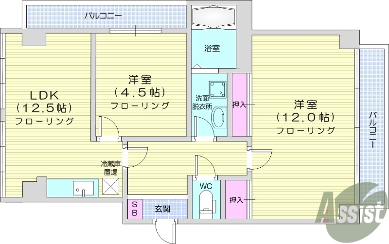 仙台市宮城野区西宮城野のマンションの間取り