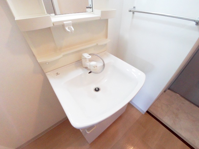 洗面設備　玄関横ですが朝シャンの出来る洗面台付き