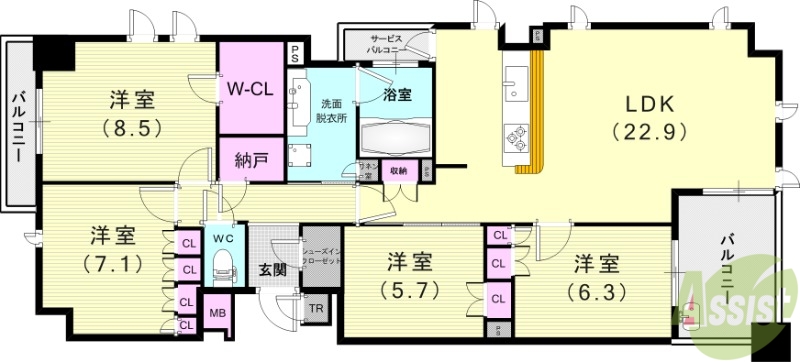 芦屋市朝日ケ丘町のマンションの間取り