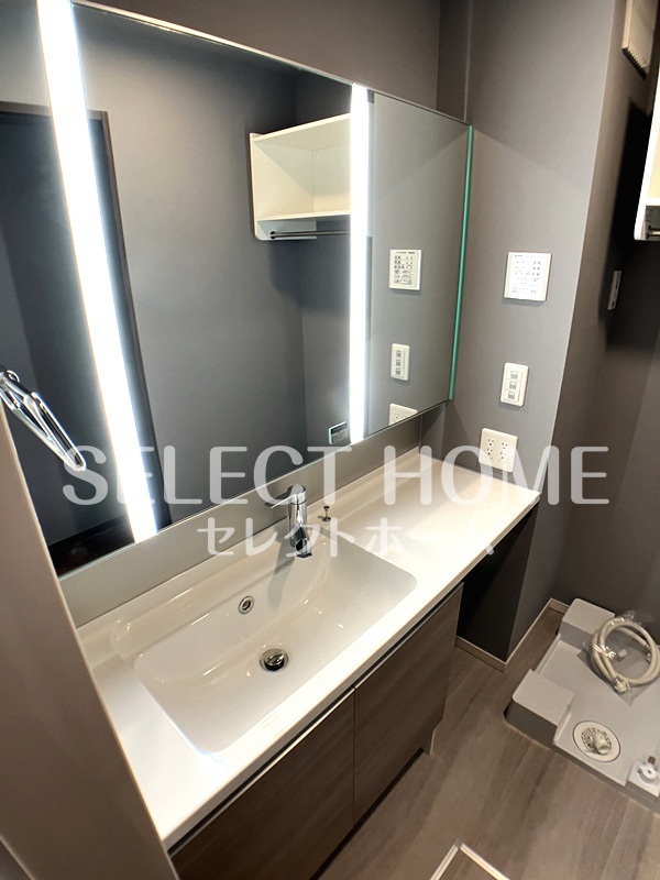 洗面設備　独立洗面台、小物を置くことができて便利です