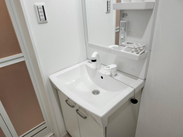 洗面設備　ホーロー素材のシンク。シャンプードレッサー洗面台