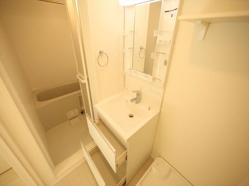 洗面設備　脱衣所　独立洗面台（シャンプードレッサー付）収納スペース有