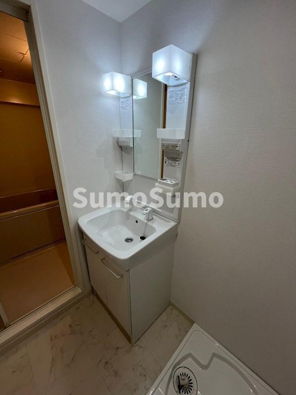 洗面設備　独立洗面台、小物を置くことができて便利です