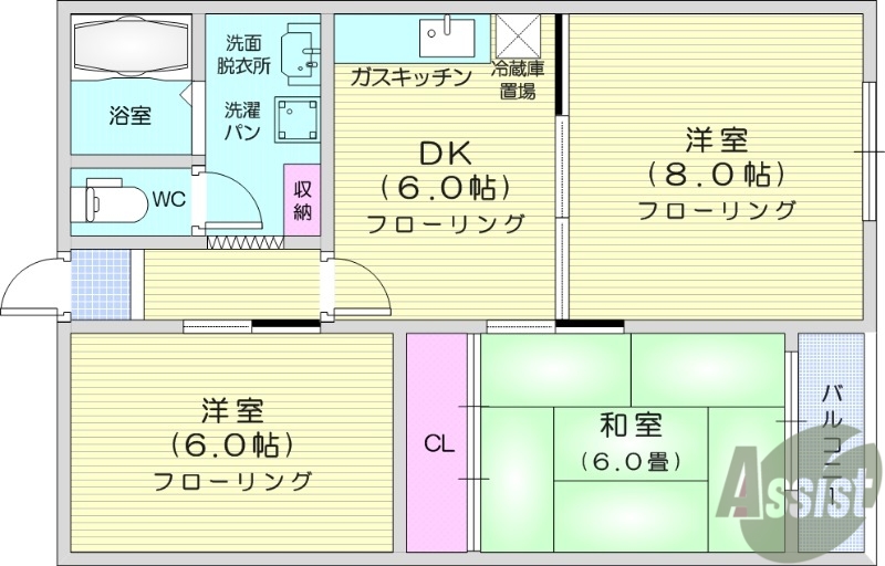 仙台市宮城野区原町のアパートの間取り