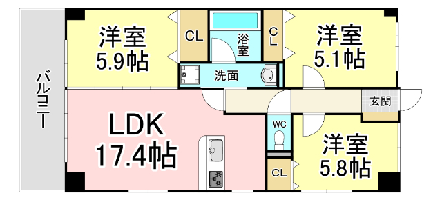 北九州市戸畑区天籟寺のマンションの間取り