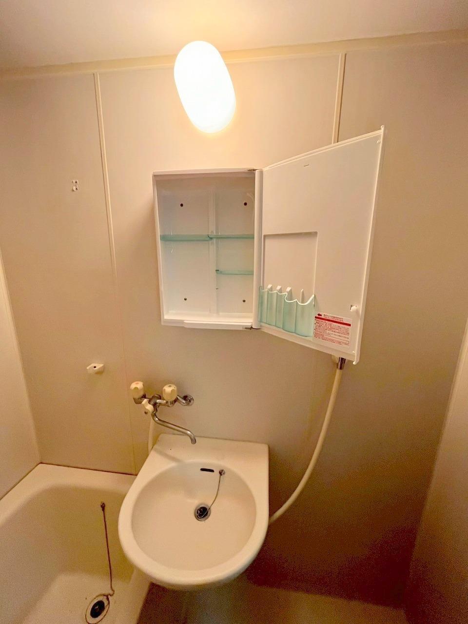 洗面設備　洗面スペース　鏡裏が収納になっています