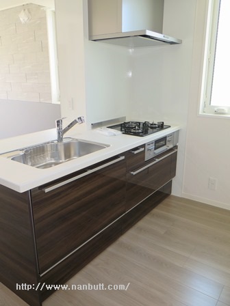 キッチン　3口ガスコンロ付きシステムキッチン／窓はありません