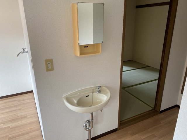 洗面設備　独立洗面台はお湯が出ません。鏡の裏は収納になっています♪