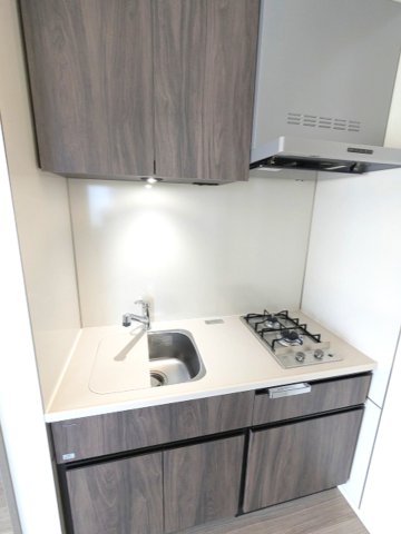 キッチン　ガス2口システムキッチン、シンクにプレート付で料理しやすいで