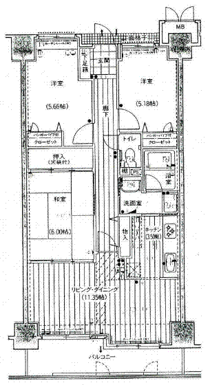 岡山市北区東古松のマンションの間取り