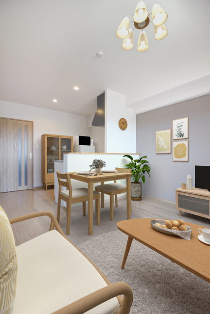 居室・リビング　※モデルルーム参考写真。実際のお部屋に家具、小物は付いており