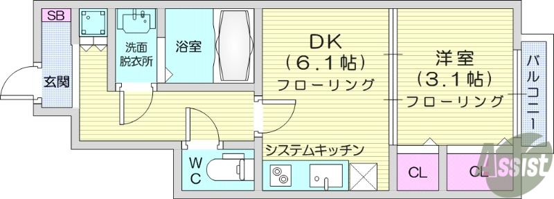 仙台市若林区東九番丁のアパートの間取り