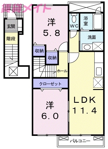 いなべ市大安町中央ヶ丘のアパートの間取り