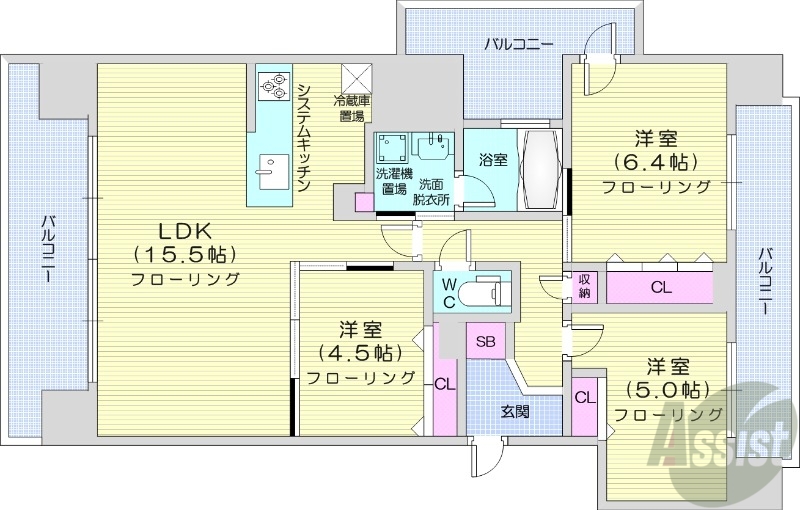 札幌市中央区北六条西のマンションの間取り