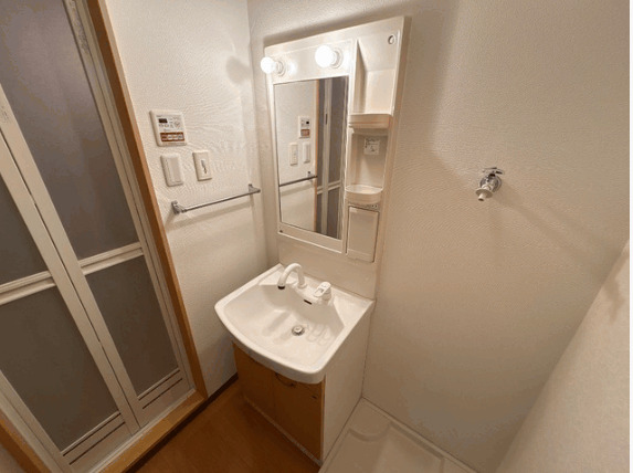 洗面設備　独立洗面台、小物を置くことができて便利です