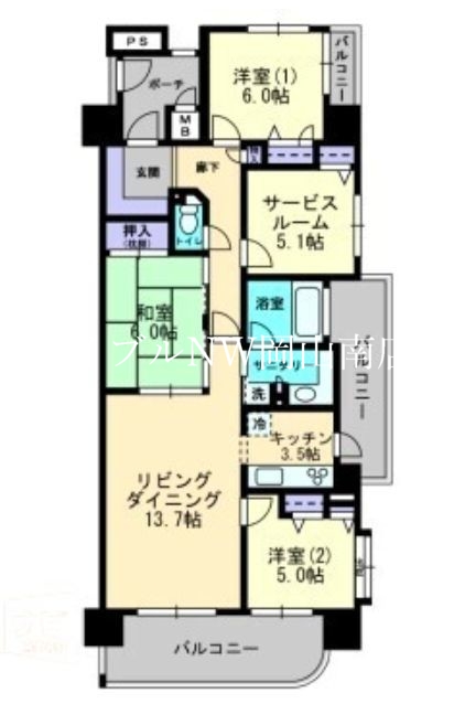 岡山市北区中井町のマンションの間取り