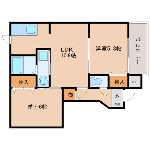 橿原市北妙法寺町のアパートの間取り