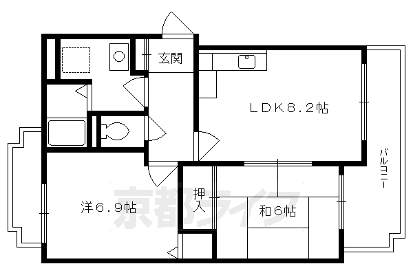 京都市左京区上高野古川町のマンションの間取り