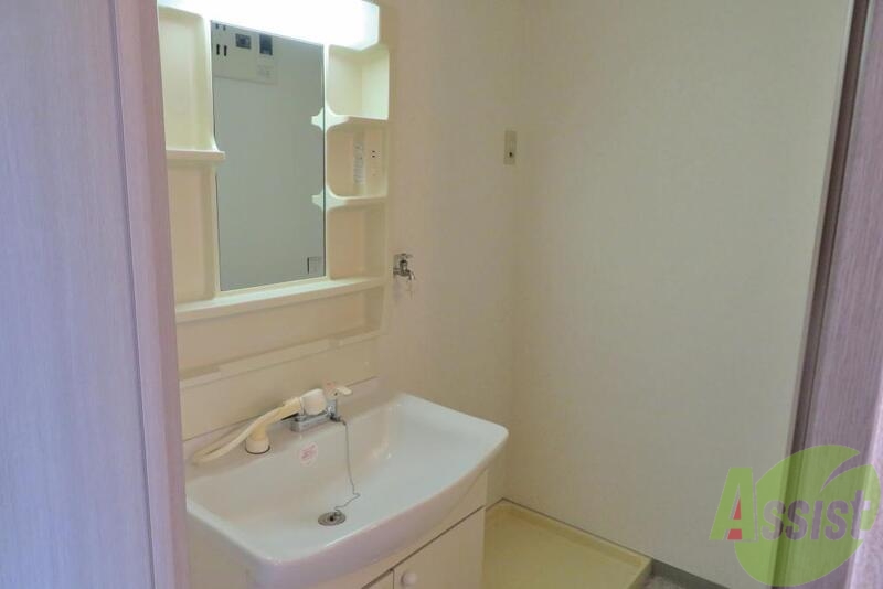 洗面設備　脱衣所内の洗面化粧台、奥には洗濯機置き場があります