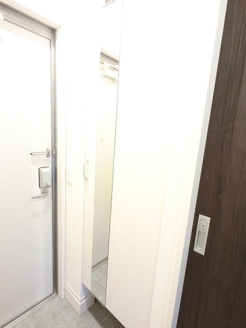 玄関　広めのＢｏｘは収納力ばっちり。トールタイプのミラーついてます