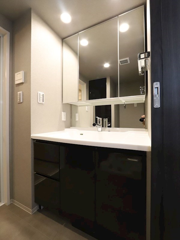 洗面設備　脱衣所　独立洗面台（シャンプードレッサー付）収納スペース有