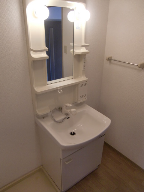 洗面設備　歯磨きセットも置けますね。