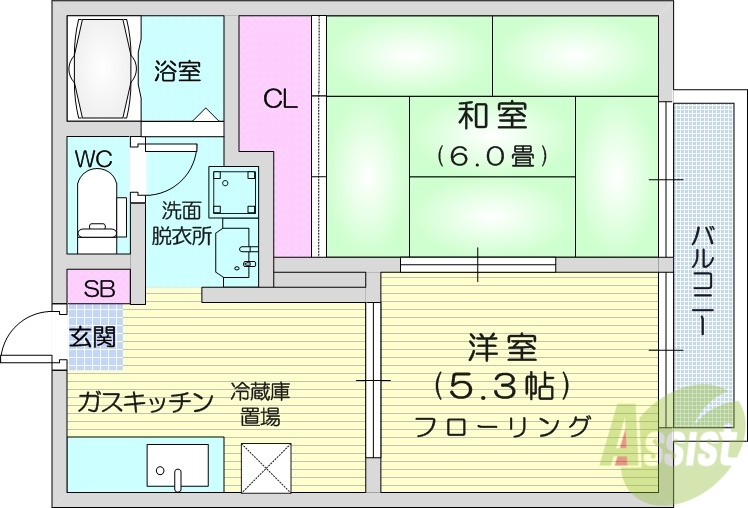 仙台市若林区六郷のアパートの間取り